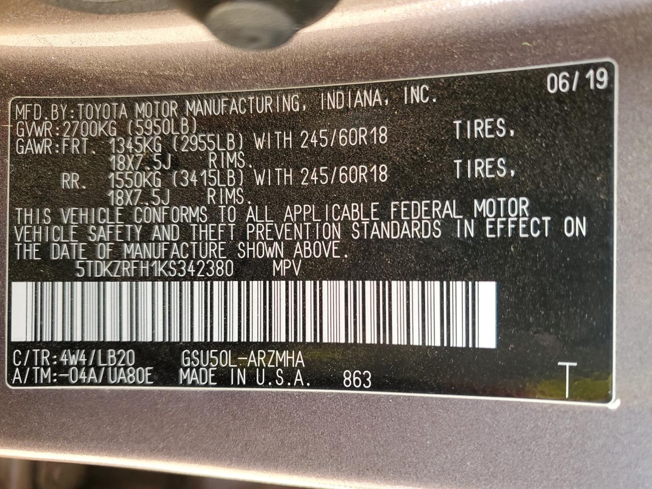 2019 Toyota Highlander VIN 5TDKZRFH1KS342380 Copart auction photo, front end damage thumbnail 13