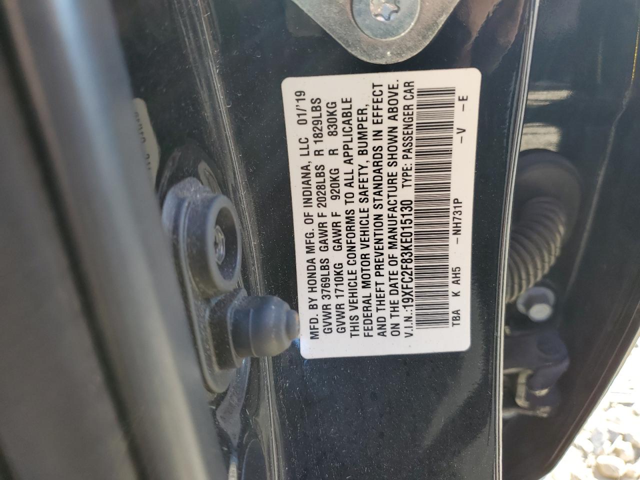 2019 Honda Civic VIN 19XFC2F83KE015130 Copart auction photo, front end damage thumbnail 14