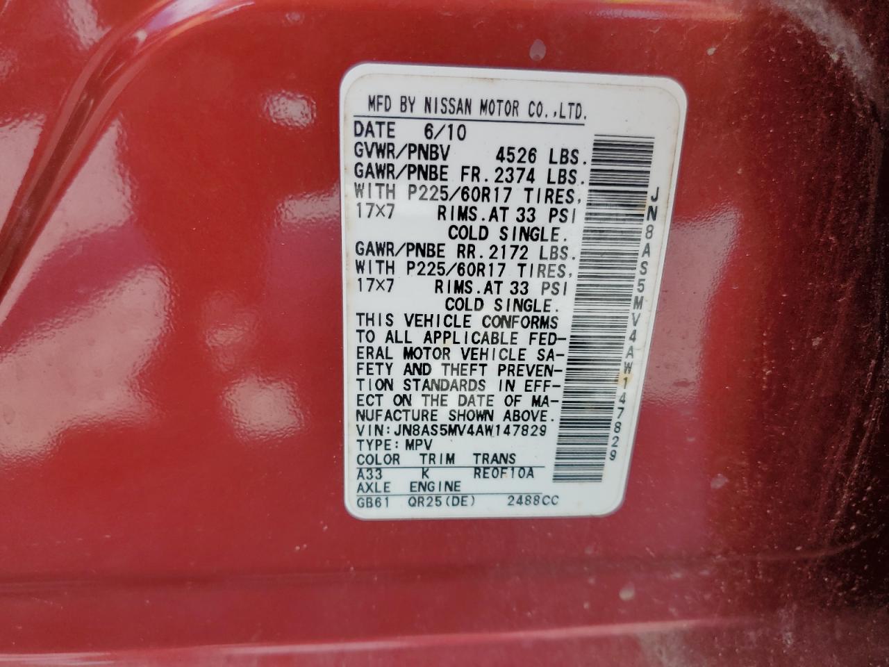 2010 Nissan Rogue VIN JN8AS5MV4AW147829 Copart auction photo, rear end / front end damage thumbnail 14