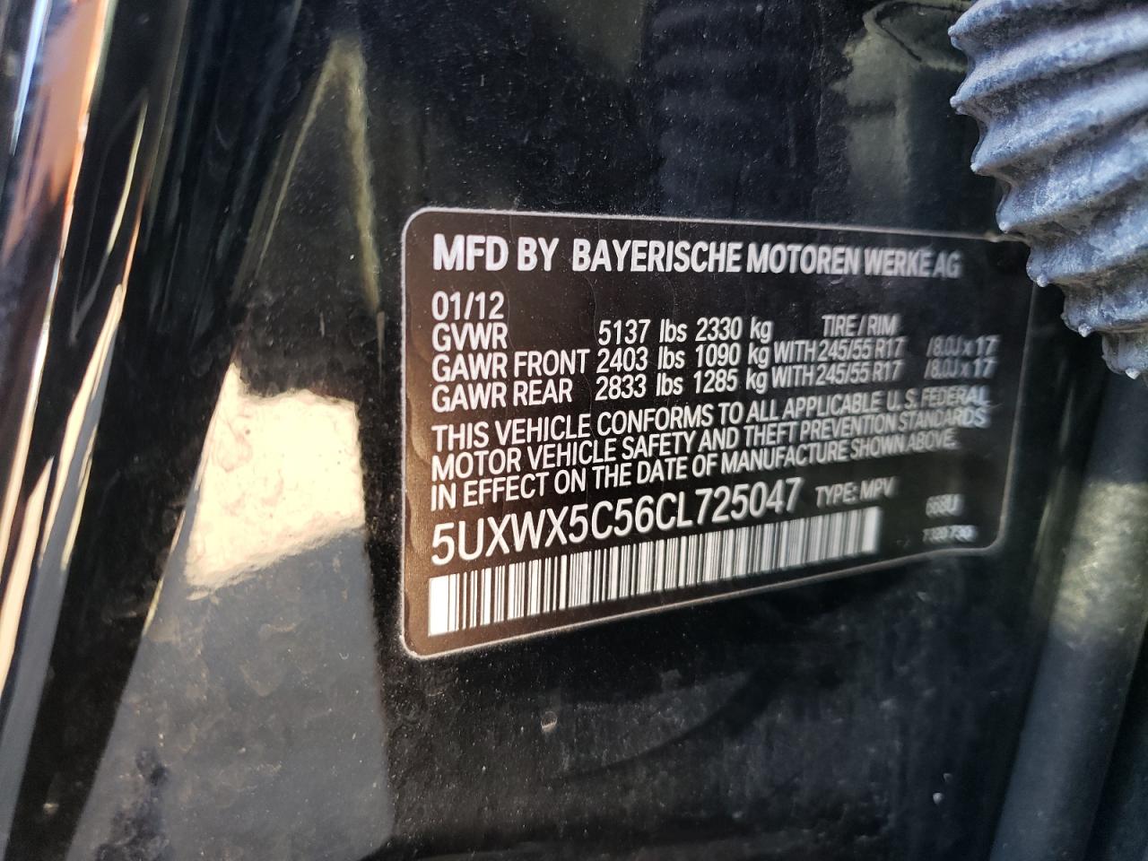 2012 BMW X3 VIN 5UXWX5C56CL725047 Copart auction photo, side / rear end damage thumbnail 13