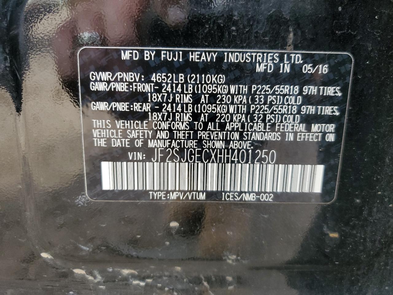 2017 Subaru Forester VIN JF2SJGECXHH401250 Copart auction photo, front end / side damage thumbnail 13