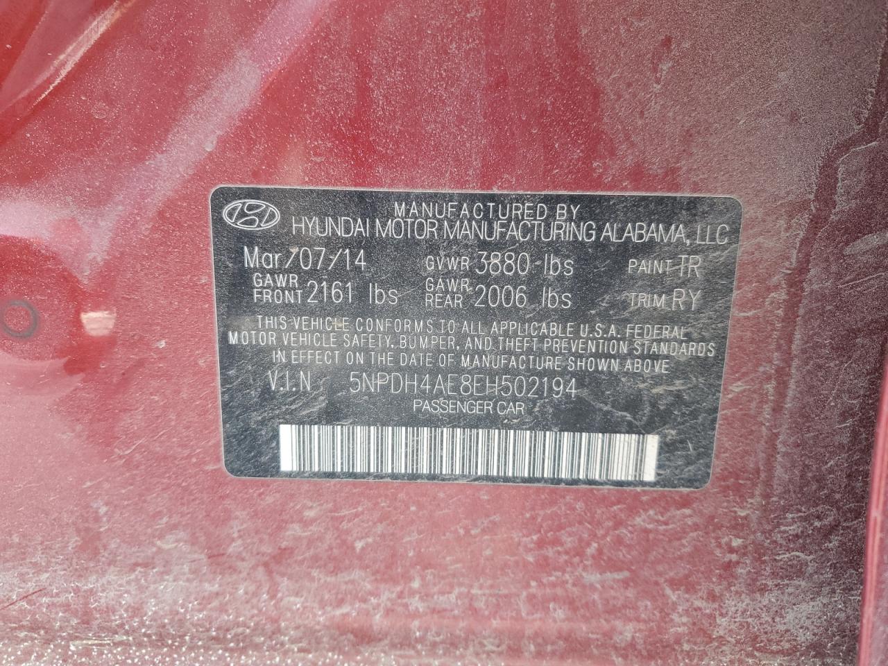 2014 Hyundai Elantra VIN 5NPDH4AE8EH502194 Copart auction photo, front end / side damage thumbnail 15
