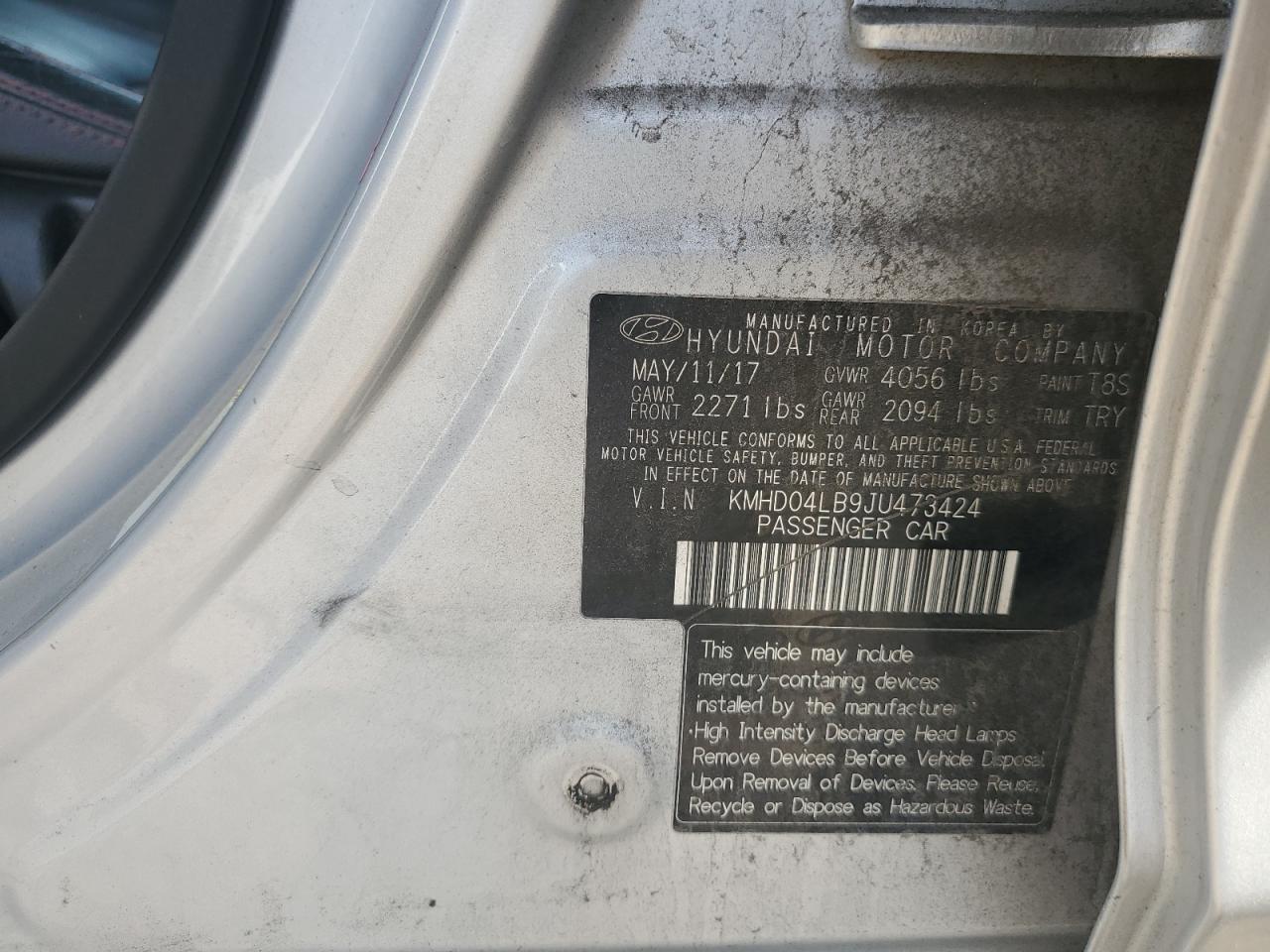 2018 Hyundai Elantra VIN KMHD04LB9JU473424 Copart auction photo, all over damage thumbnail 12