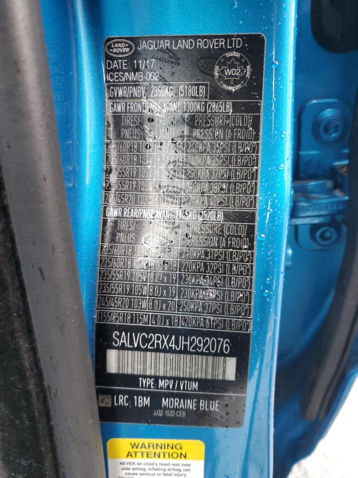 2018 Land Rover Range Rover VIN SALVC2RX4JH292076 Copart auction photo, front end damage thumbnail 14