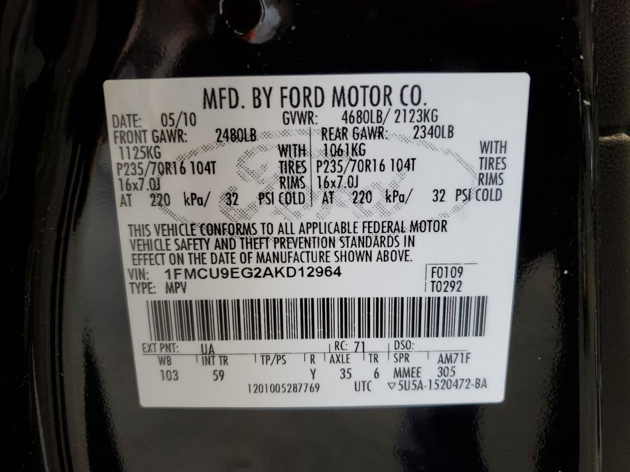 2010 Ford Escape VIN 1FMCU9EG2AKD12964 Copart auction photo, front end / rear end damage thumbnail 13