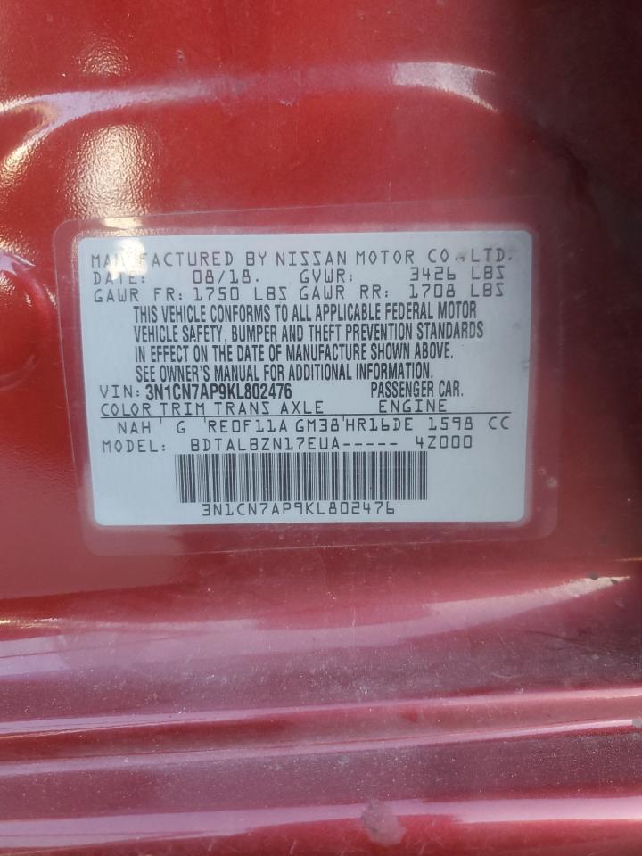 2019 Nissan Versa VIN 3N1CN7AP9KL802476 Copart auction photo, undercarriage / rear end damage thumbnail 12
