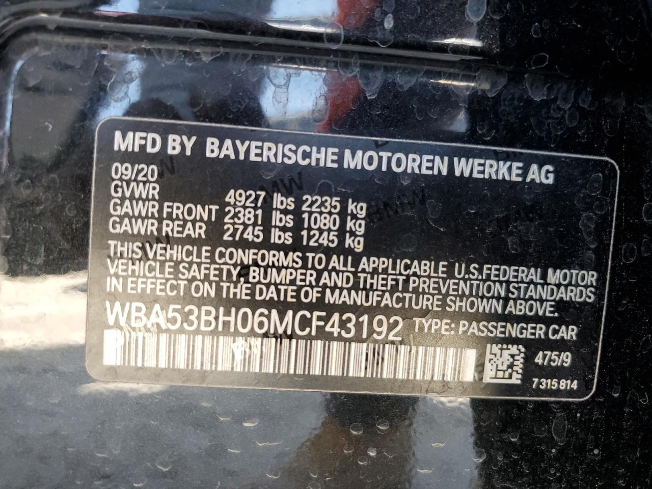2021 BMW 5er VIN WBA53BH06MCF43192 Copart auction photo, front end damage thumbnail 12