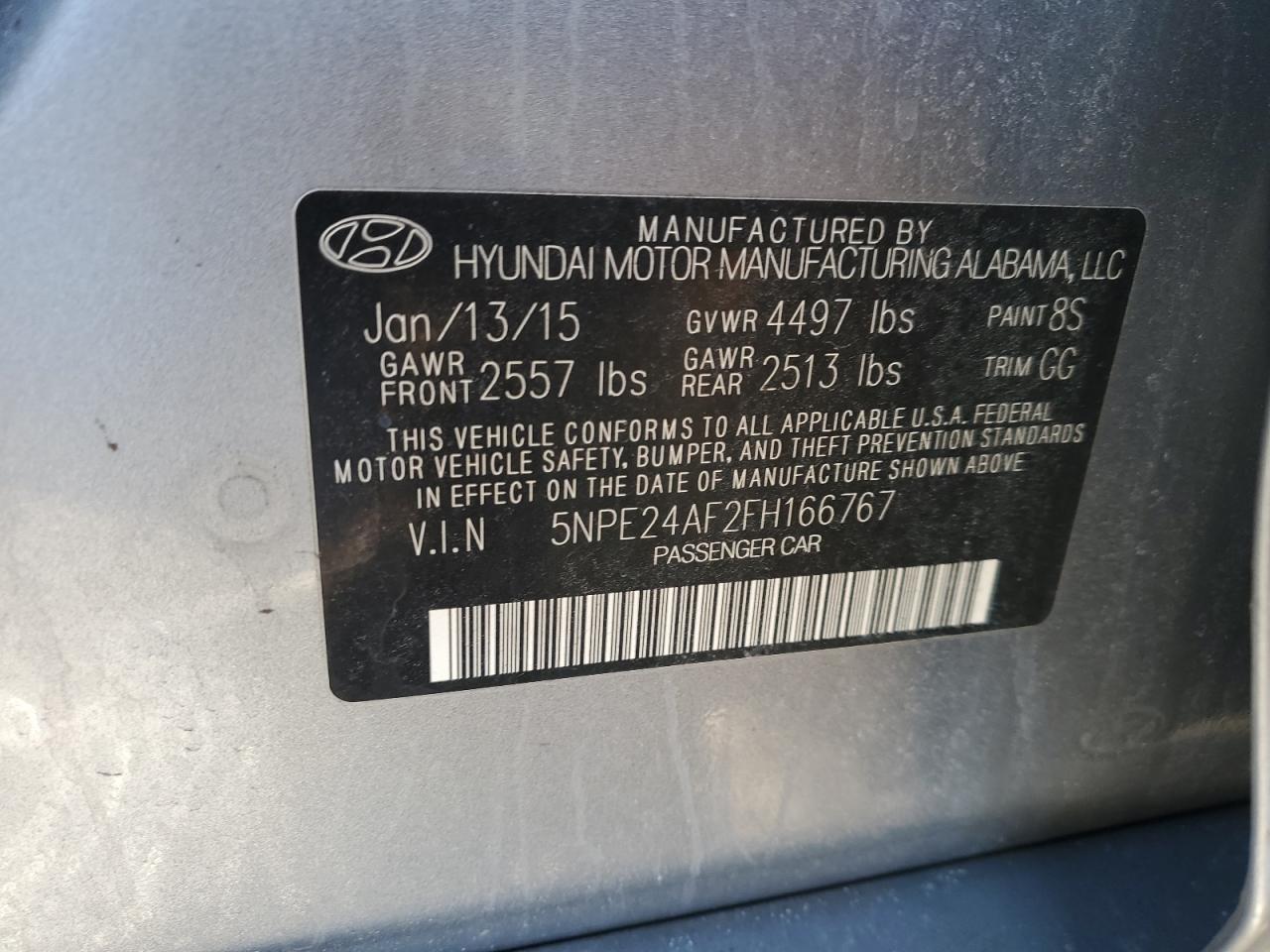 2015 Hyundai Sonata VIN 5NPE24AF2FH166767 Copart auction photo, front end / side damage thumbnail 12
