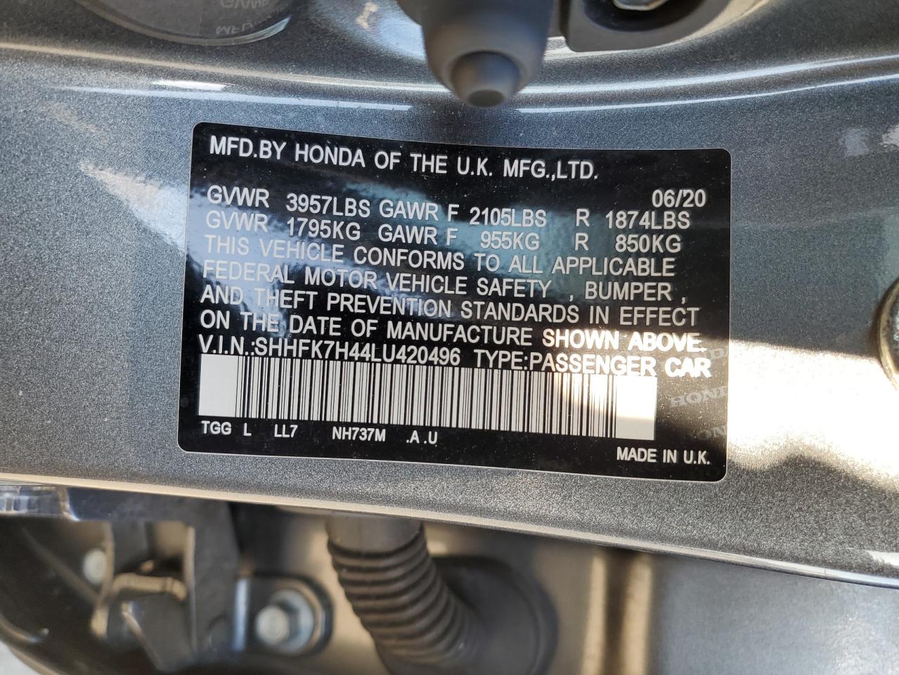 2020 Honda Civic VIN SHHFK7H44LU420496 Copart auction photo, front end damage thumbnail 12