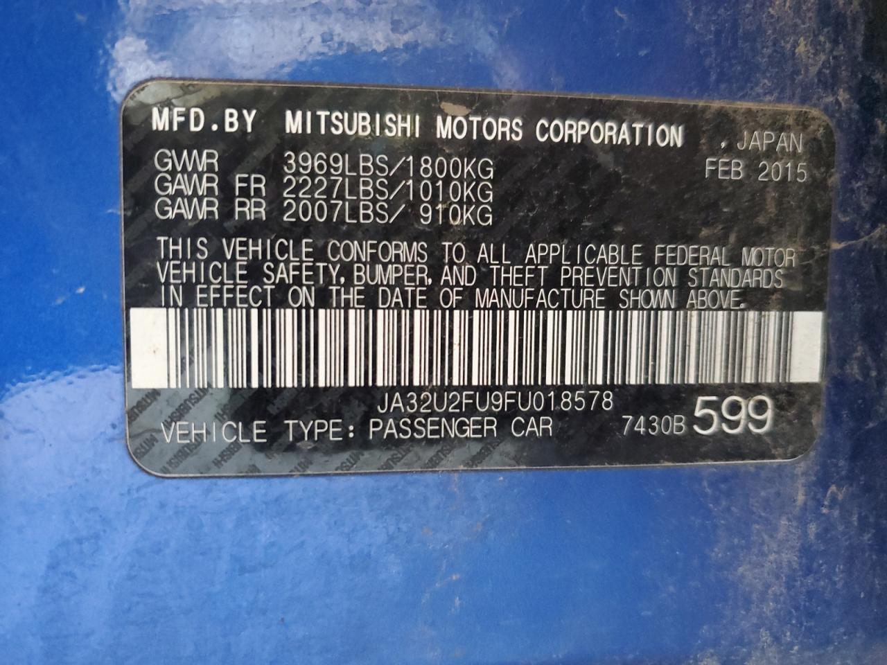 2015 Mitsubishi Lancer VIN JA32U2FU9FU018578 Copart auction photo, front end / hail damage thumbnail 12