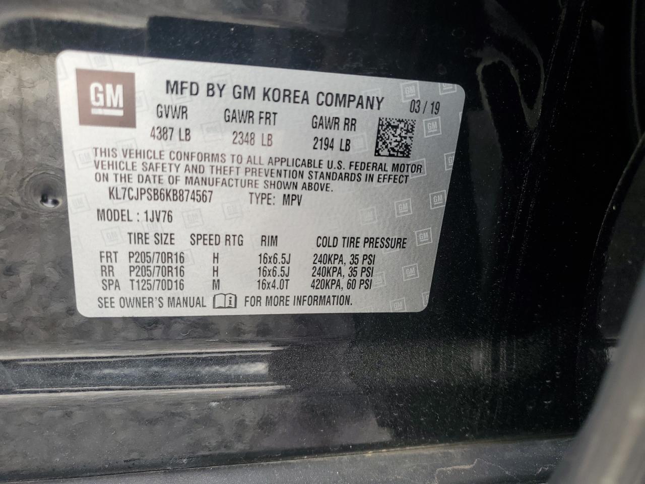 2019 Chevrolet Trax VIN KL7CJPSB6KB874567 Copart auction photo, burn - interior damage thumbnail 13