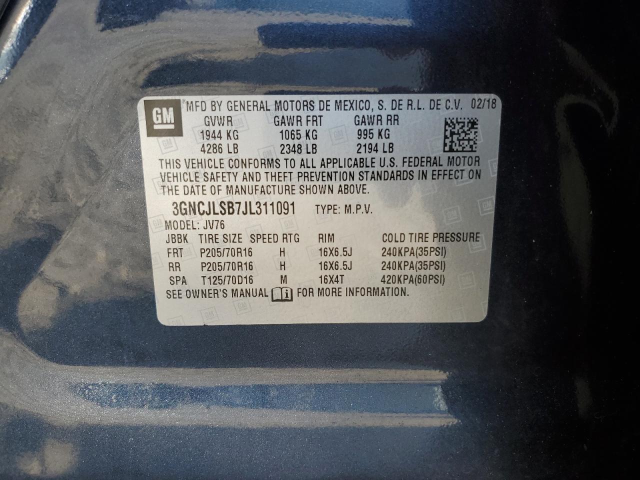 2018 Chevrolet Trax VIN 3GNCJLSB7JL311091 Copart auction photo, front end / side damage thumbnail 13