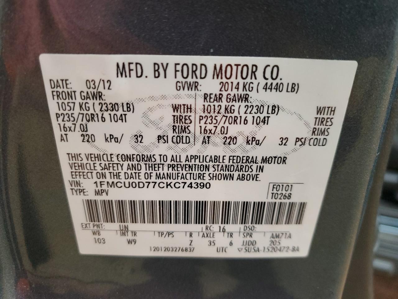 2012 Ford Escape VIN 1FMCU0D77CKC74390 Copart auction photo, rear end damage thumbnail 15