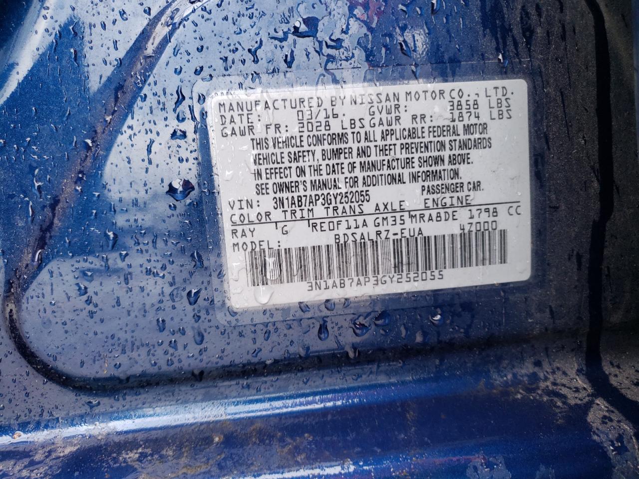 2016 Nissan Sentra VIN 3N1AB7AP3GY252055 Copart auction photo, front end damage thumbnail 13
