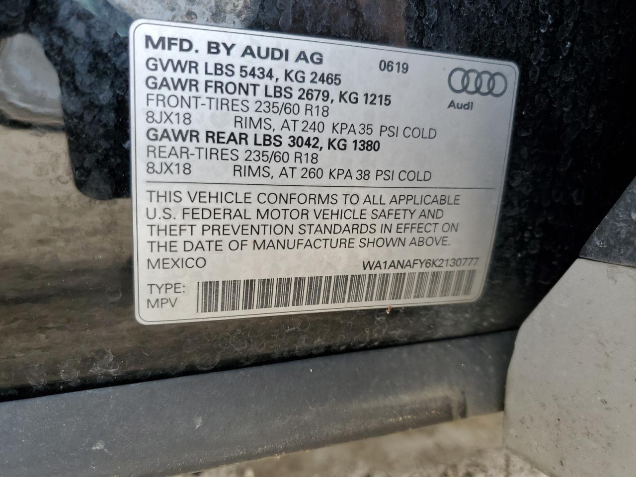 2019 Audi Q5 VIN WA1ANAFY6K2130777 Copart auction photo, front end damage thumbnail 13