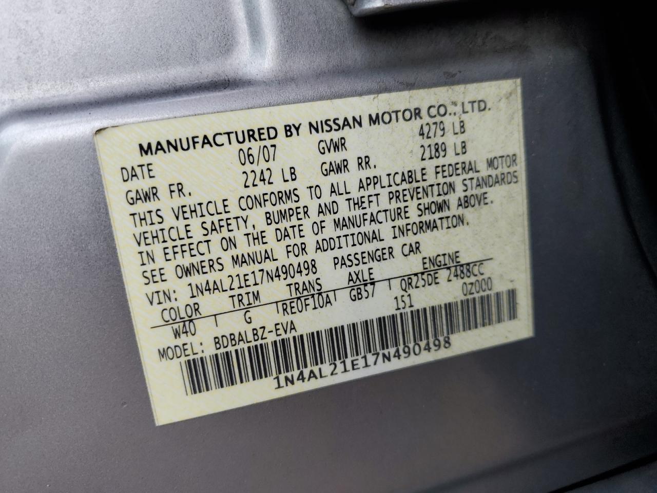 2007 Nissan Altima VIN 1N4AL21E17N490498 Copart auction photo, all over / undercarriage damage thumbnail 12