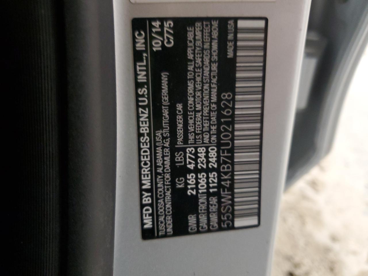 2015 Mercedes-Benz C-klasse VIN 55SWF4KB7FU021628 Copart auction photo, rear end damage thumbnail 12