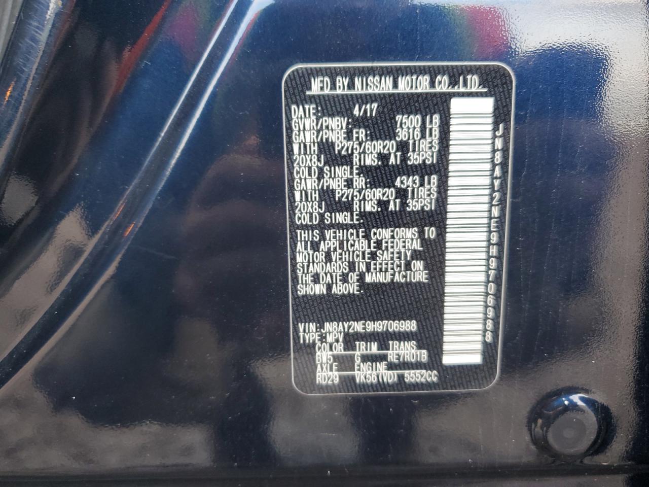 2017 Nissan Armada VIN JN8AY2NE9H9706988 Copart auction photo, front end / minor dent/scratches damage thumbnail 15