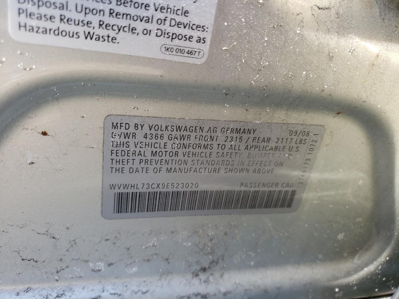 2009 Volkswagen Passat CC VIN WVWHL73CX9E523020 Copart auction photo, side damage thumbnail 12
