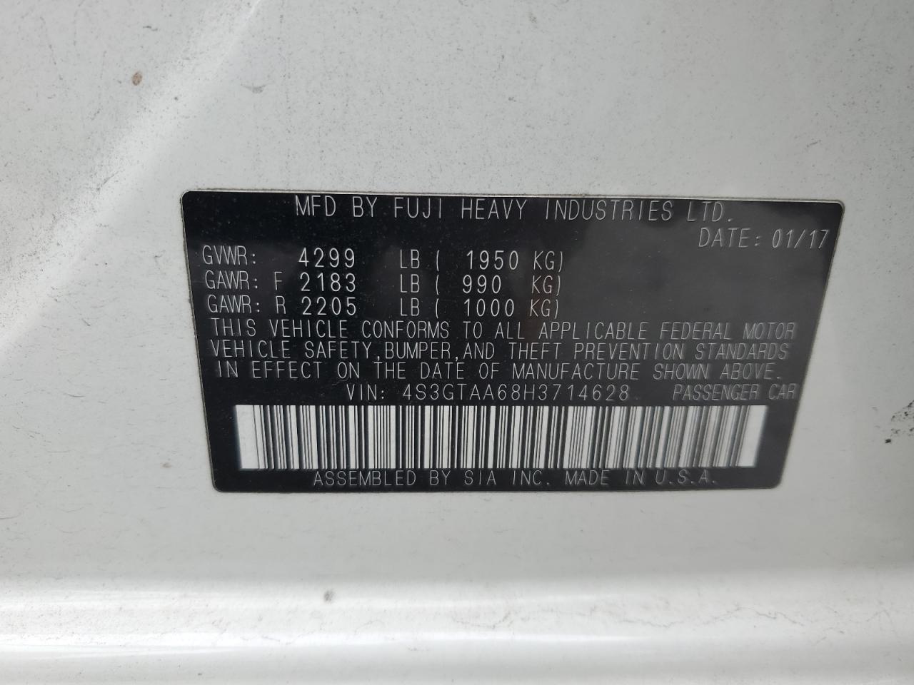 2017 Subaru Impreza VIN 4S3GTAA68H3714628 Copart auction photo, front end / minor dent/scratches damage thumbnail 12