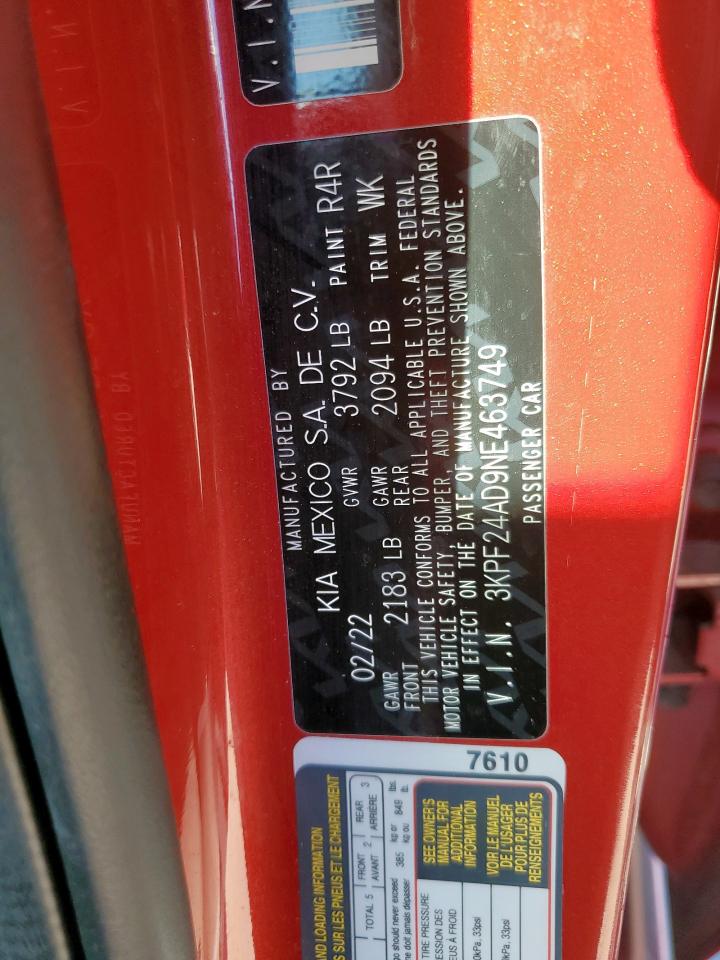 2022 KIA Forte VIN 3KPF24AD9NE463749 Copart auction photo, front end / side damage thumbnail 12