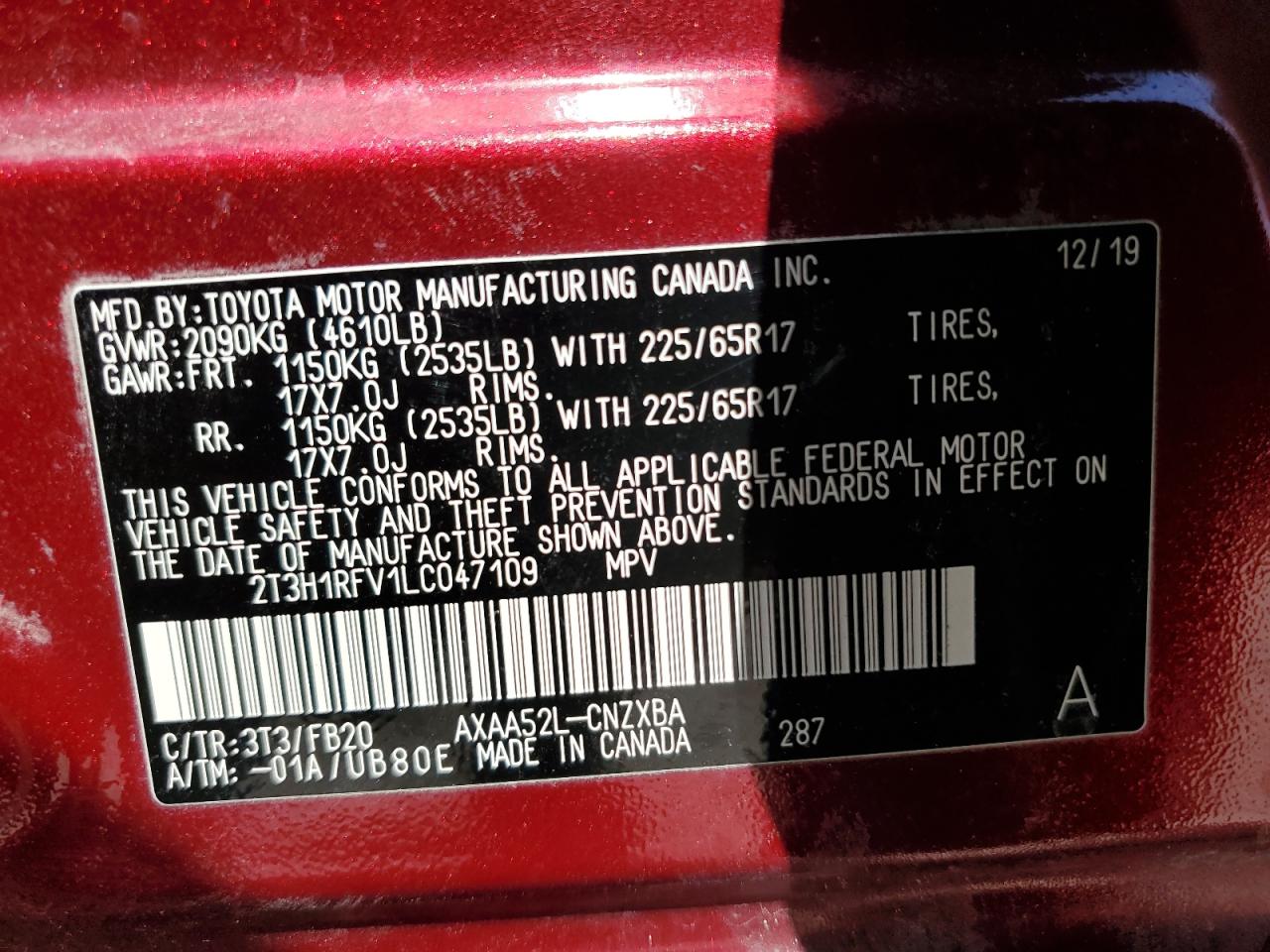 2020 Toyota RAV 4 VIN 2T3H1RFV1LC047109 Copart auction photo, rear end / minor dent/scratches damage thumbnail 13