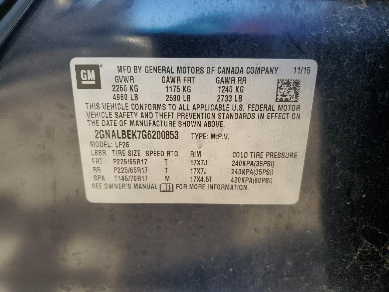 2016 Chevrolet Equinox VIN 2GNALBEK7G6200853 Copart auction photo, front end damage thumbnail 15