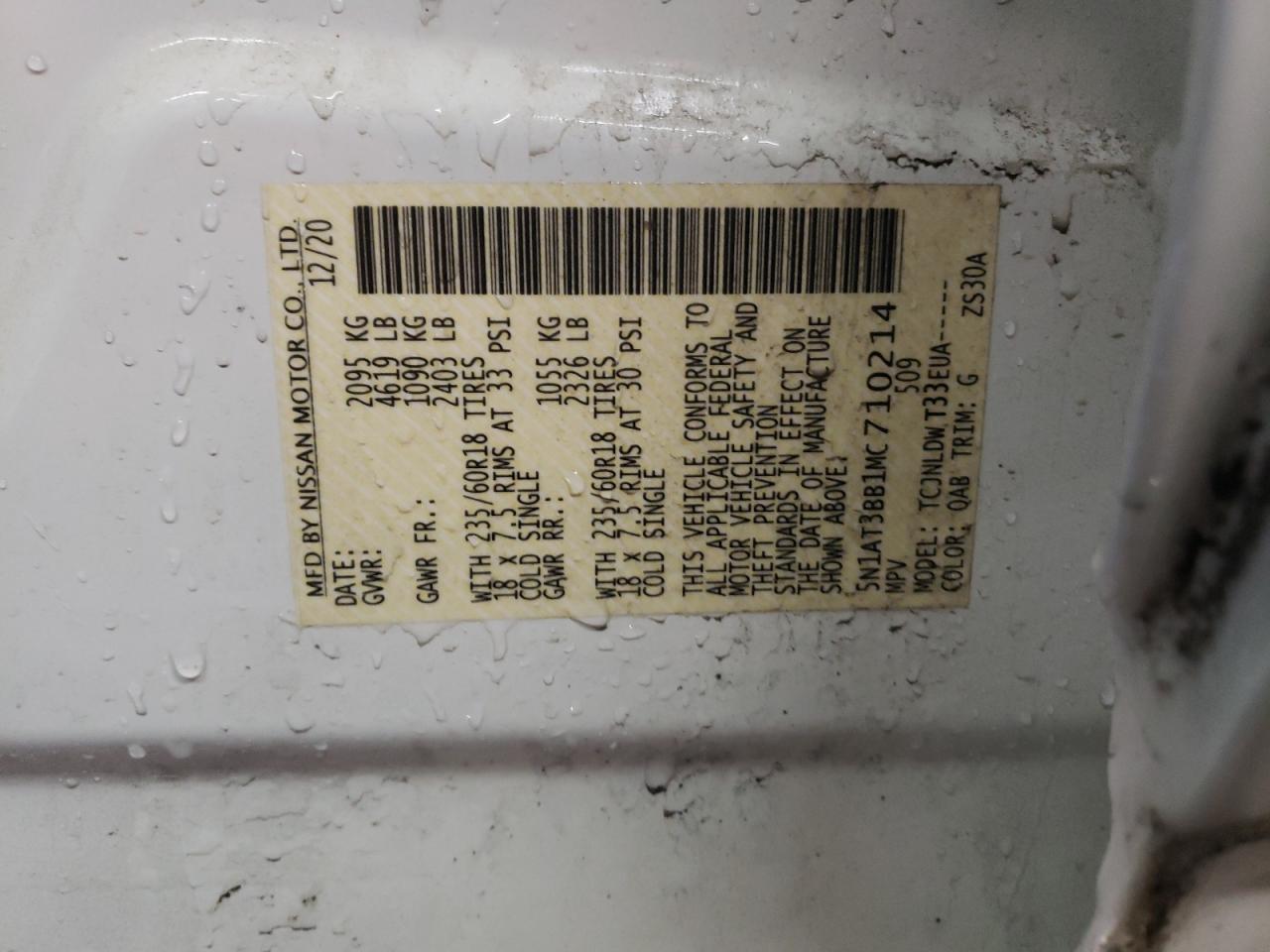 2021 Nissan Rogue VIN 5N1AT3BB1MC710214 Copart auction photo, rear end / side damage thumbnail 12