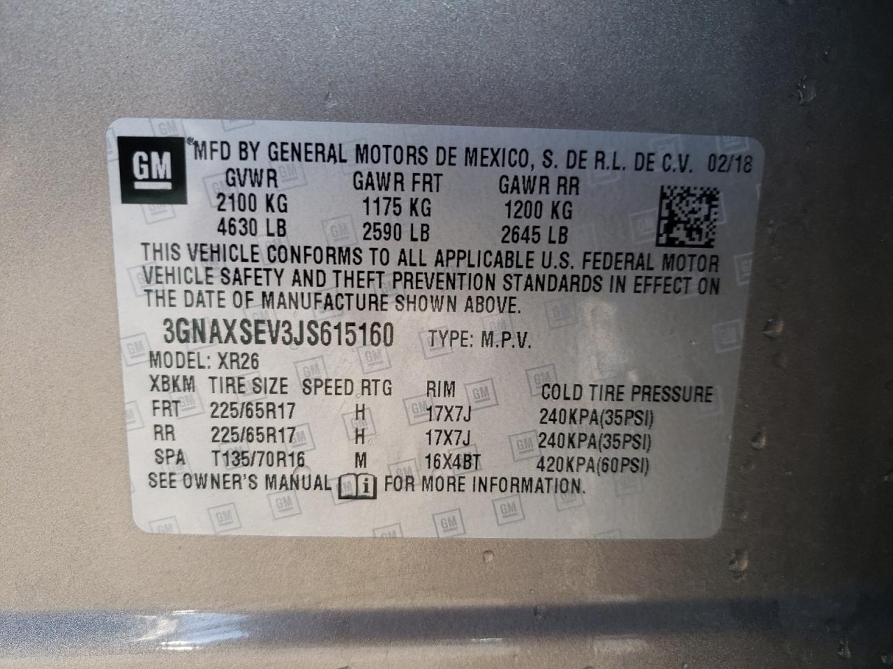 2018 Chevrolet Equinox VIN 3GNAXSEV3JS615160 Copart auction photo, front end damage thumbnail 15