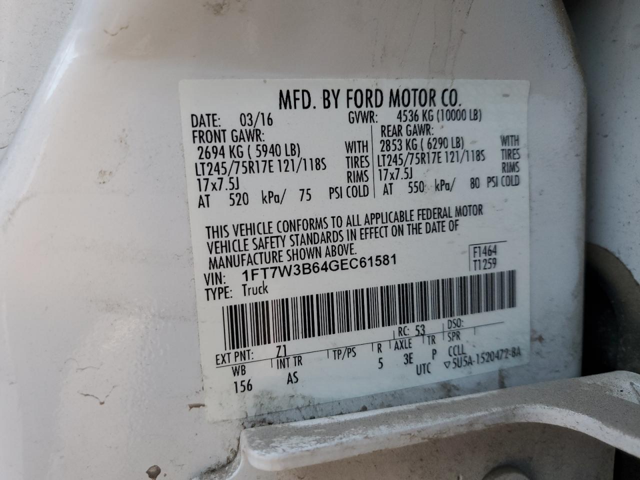 2016 Ford F350 VIN 1FT7W3B64GEC61581 Copart auction photo, front end / frame damage damage thumbnail 12