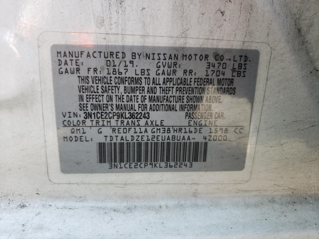 2019 Nissan Versa VIN 3N1CE2CP9KL362243 Copart auction photo, all over / minor dent/scratches damage thumbnail 12
