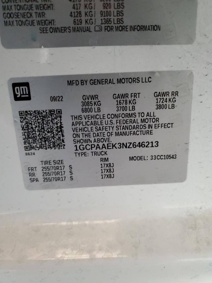 2022 Chevrolet Silverado VIN 1GCPAAEK3NZ646213 Copart auction photo, front end damage thumbnail 12
