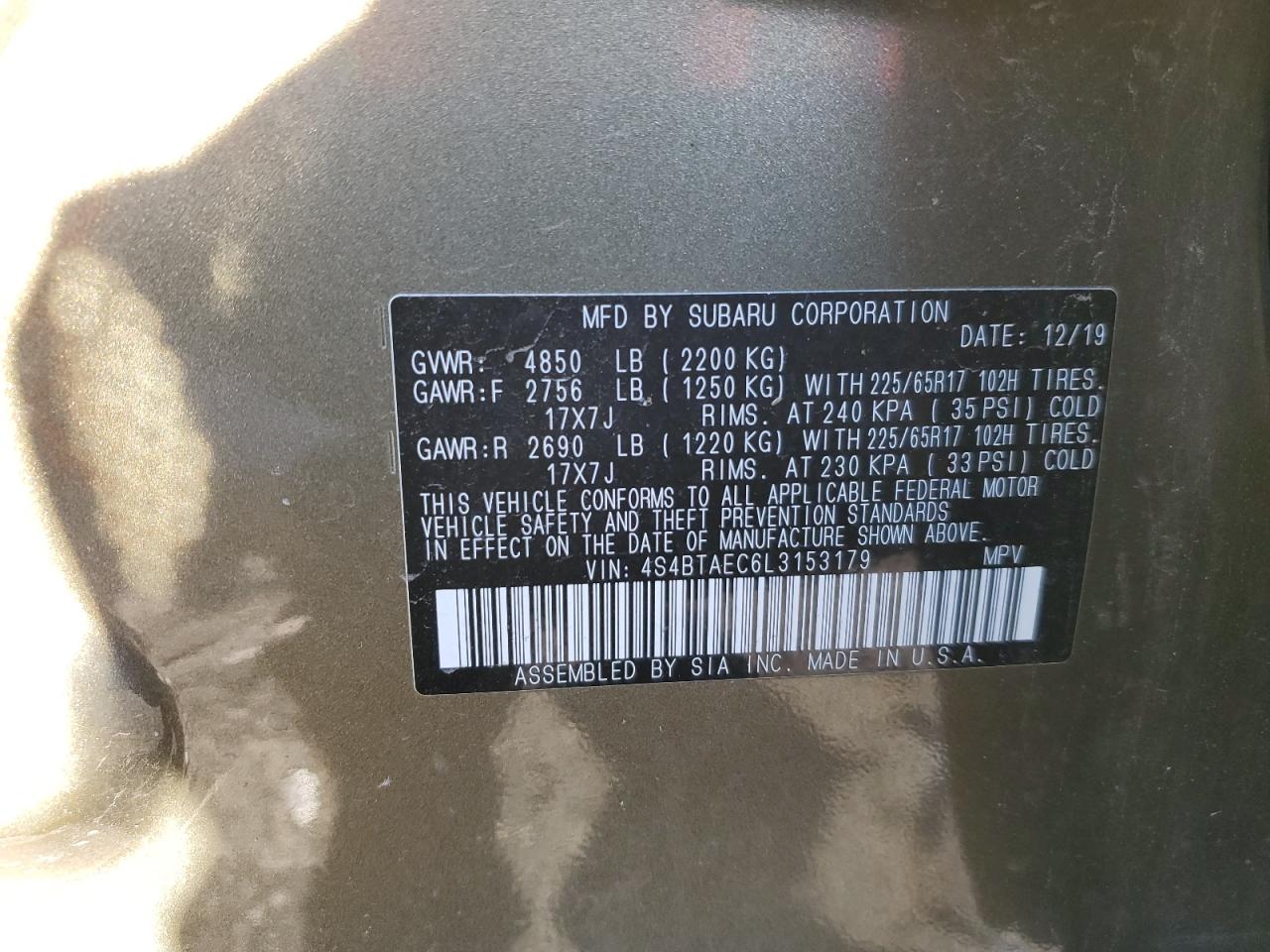 2020 Subaru Outback VIN 4S4BTAEC6L3153179 Copart auction photo, rear end / side damage thumbnail 13