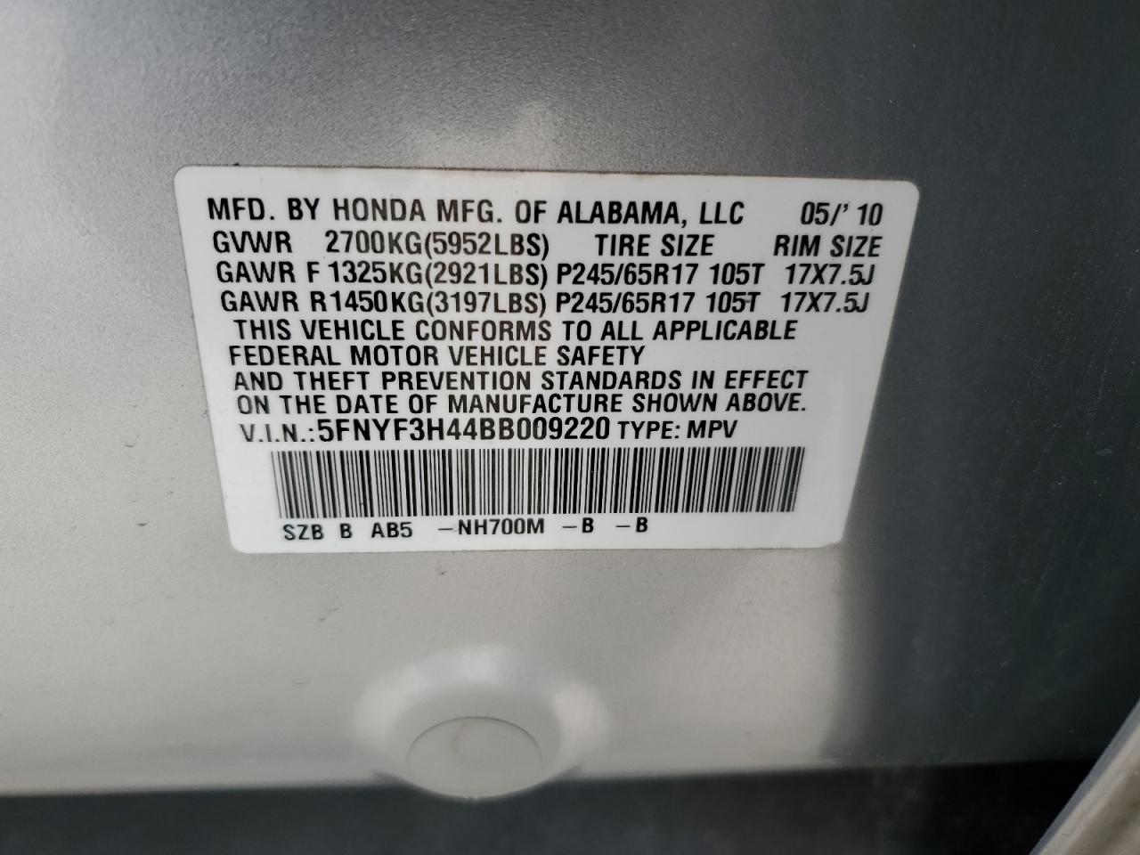 2011 Honda Pilot VIN 5FNYF3H44BB009220 Copart auction photo, rear end / minor dent/scratches damage thumbnail 13