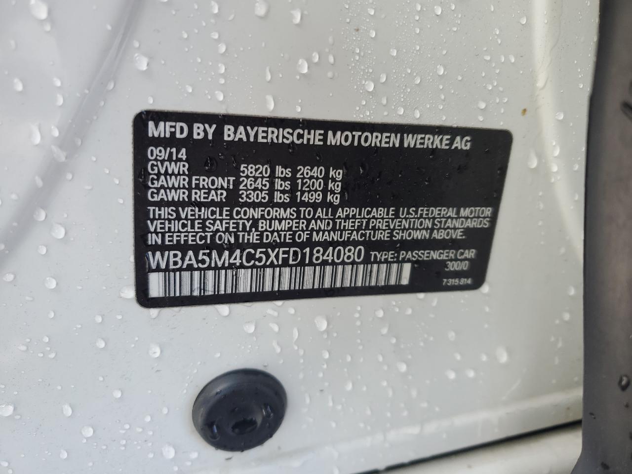 2015 BMW 5er VIN WBA5M4C5XFD184080 Copart auction photo, front end / rear end damage thumbnail 12