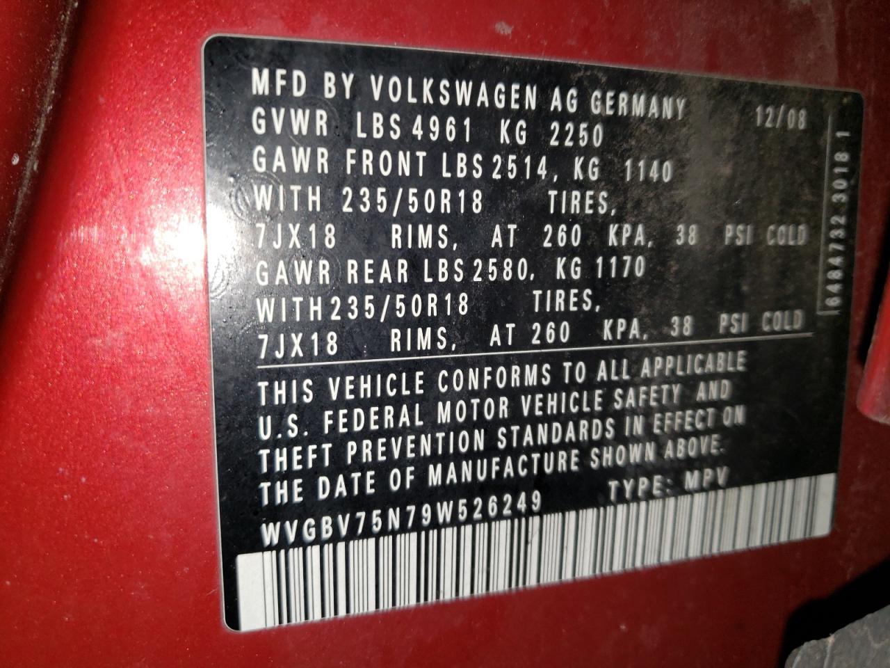 2009 Volkswagen Tiguan VIN WVGBV75N79W526249 Copart auction photo, rear end / front end damage thumbnail 13