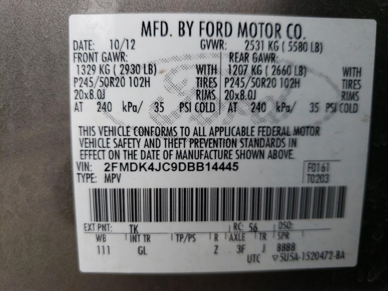 2013 Ford Edge VIN 2FMDK4JC9DBB14445 Copart auction photo, front end / minor dent/scratches damage thumbnail 15