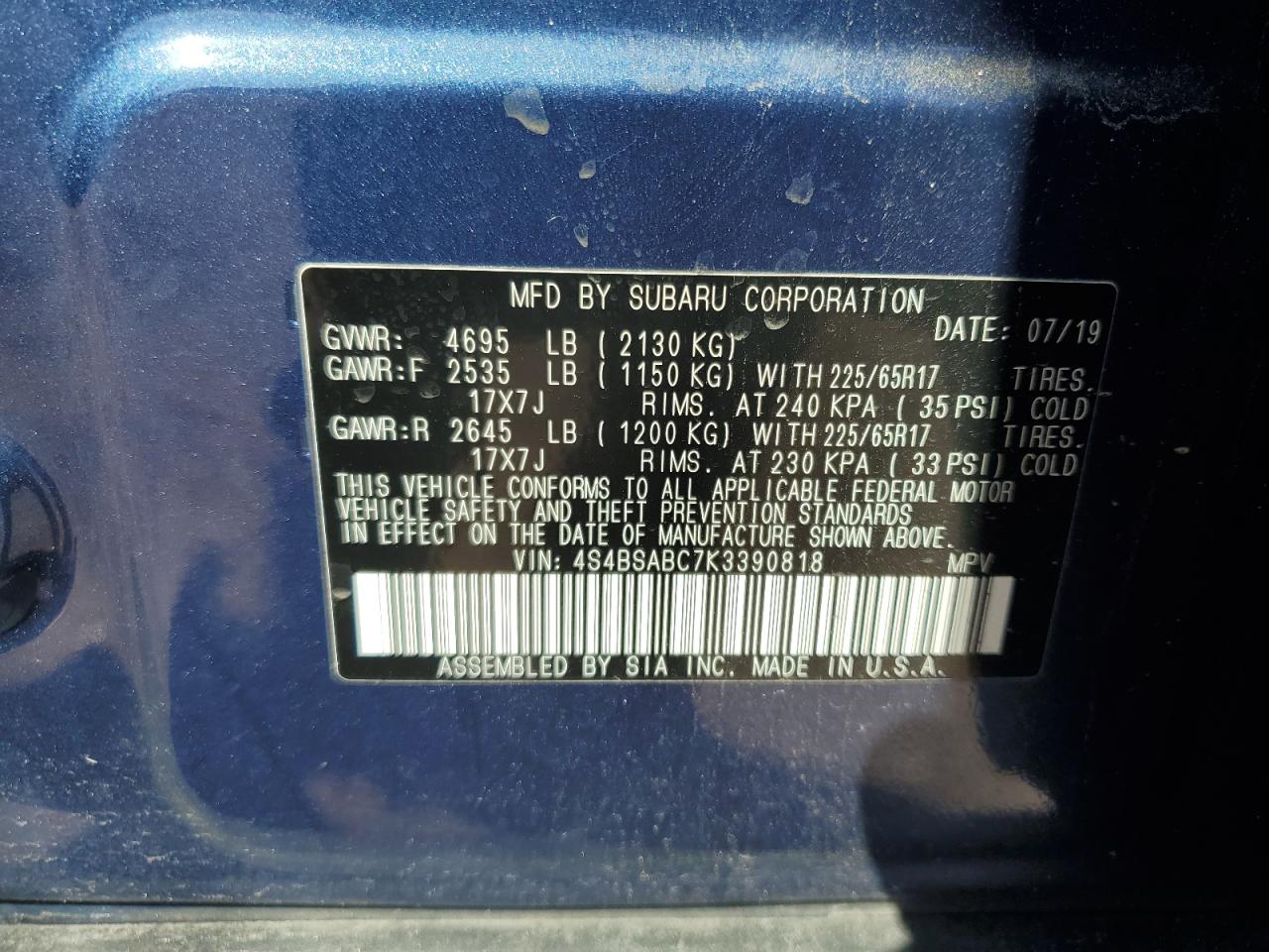 2019 Subaru Outback VIN 4S4BSABC7K3390818 Copart auction photo, all over / undercarriage damage thumbnail 15