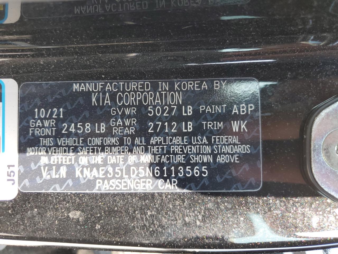 2022 KIA Stinger VIN KNAE35LD5N6113565 Copart auction photo, front end damage thumbnail 14