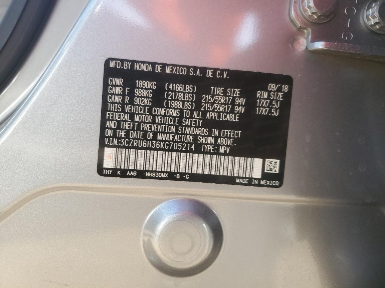 2019 Honda HR-V VIN 3CZRU6H36KG705214 Copart auction photo, front end damage thumbnail 12