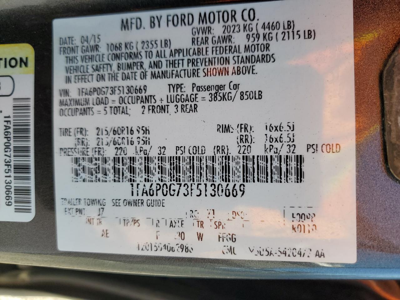 2015 Ford Fusion VIN 1FA6P0G73F5130669 Copart auction photo, front end damage thumbnail 12