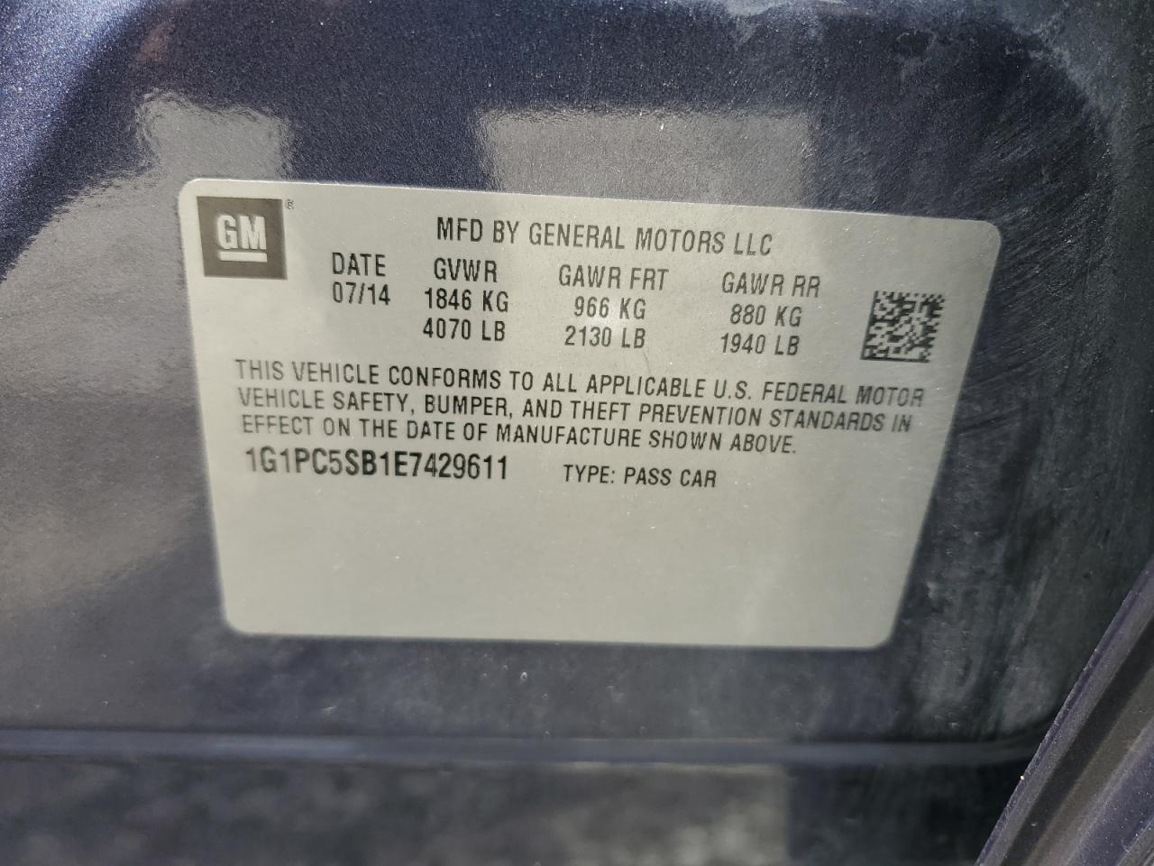 2014 Chevrolet Cruze VIN 1G1PC5SB1E7429611 Copart auction photo, water/flood damage thumbnail 12