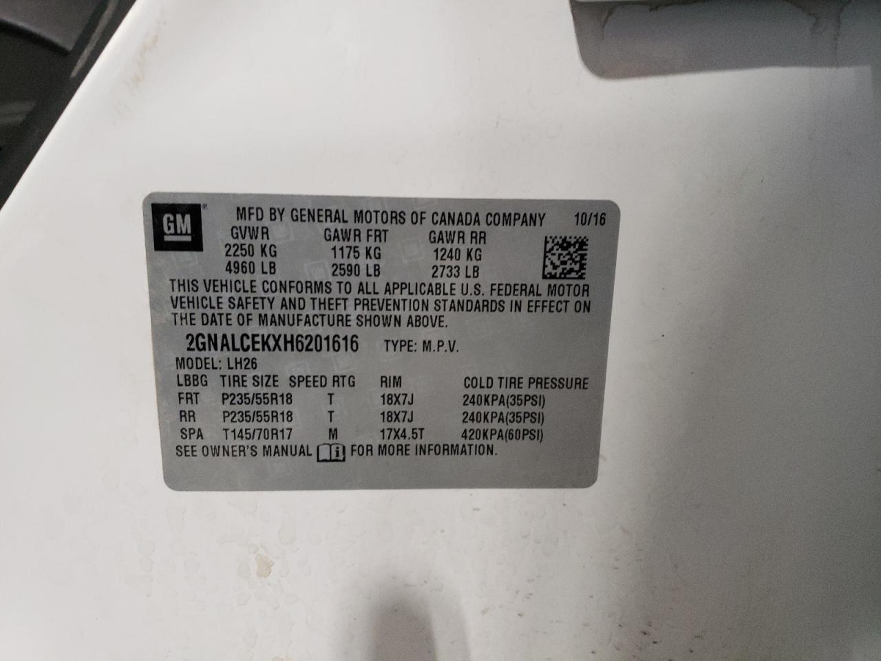 2017 Chevrolet Equinox VIN 2GNALCEKXH6201616 Copart auction photo, front end damage thumbnail 13