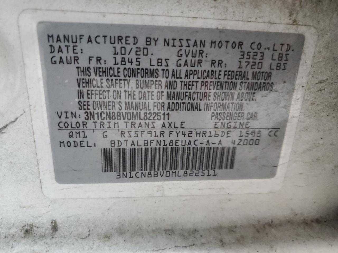 2021 Nissan Versa VIN 3N1CN8BV0ML822511 Copart auction photo, rear end / side damage thumbnail 14