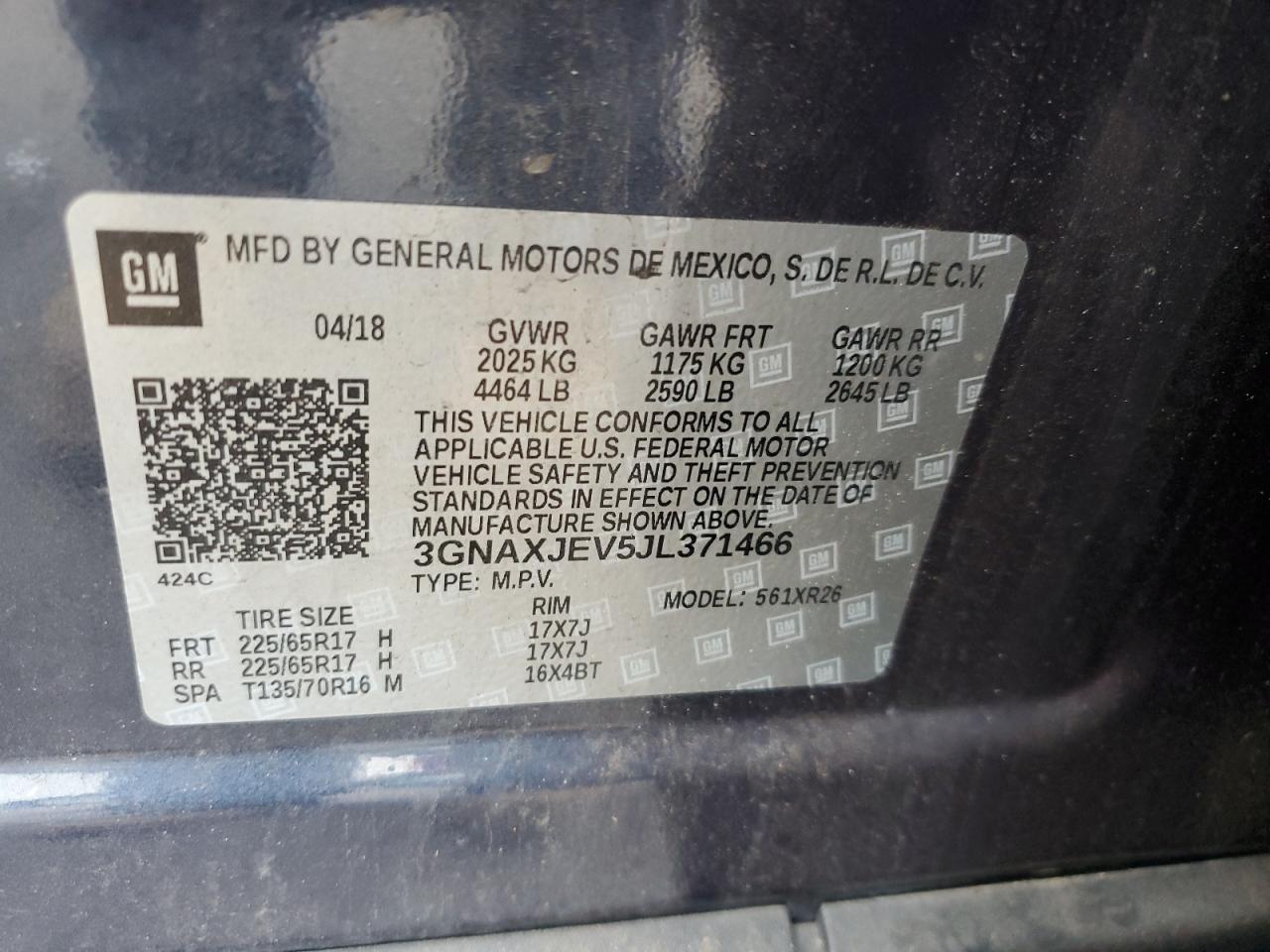 2018 Chevrolet Equinox VIN 3GNAXJEV5JL371466 Copart auction photo, rear end / front end damage thumbnail 15