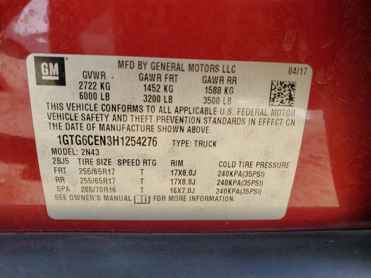 2017 GMC Canyon VIN 1GTG6CEN3H1254276 Copart auction photo, undercarriage / front end damage thumbnail 14