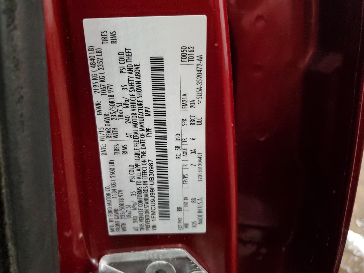 2015 Ford Escape VIN 1FMCU9J99FUB30987 Copart auction photo, front end damage thumbnail 14