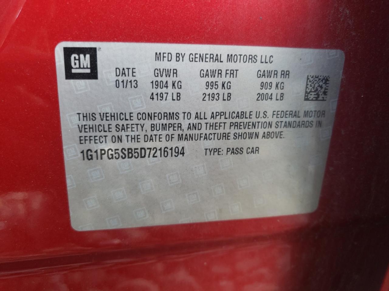 2013 Chevrolet Cruze VIN 1G1PG5SB5D7216194 Copart auction photo, front end damage thumbnail 14