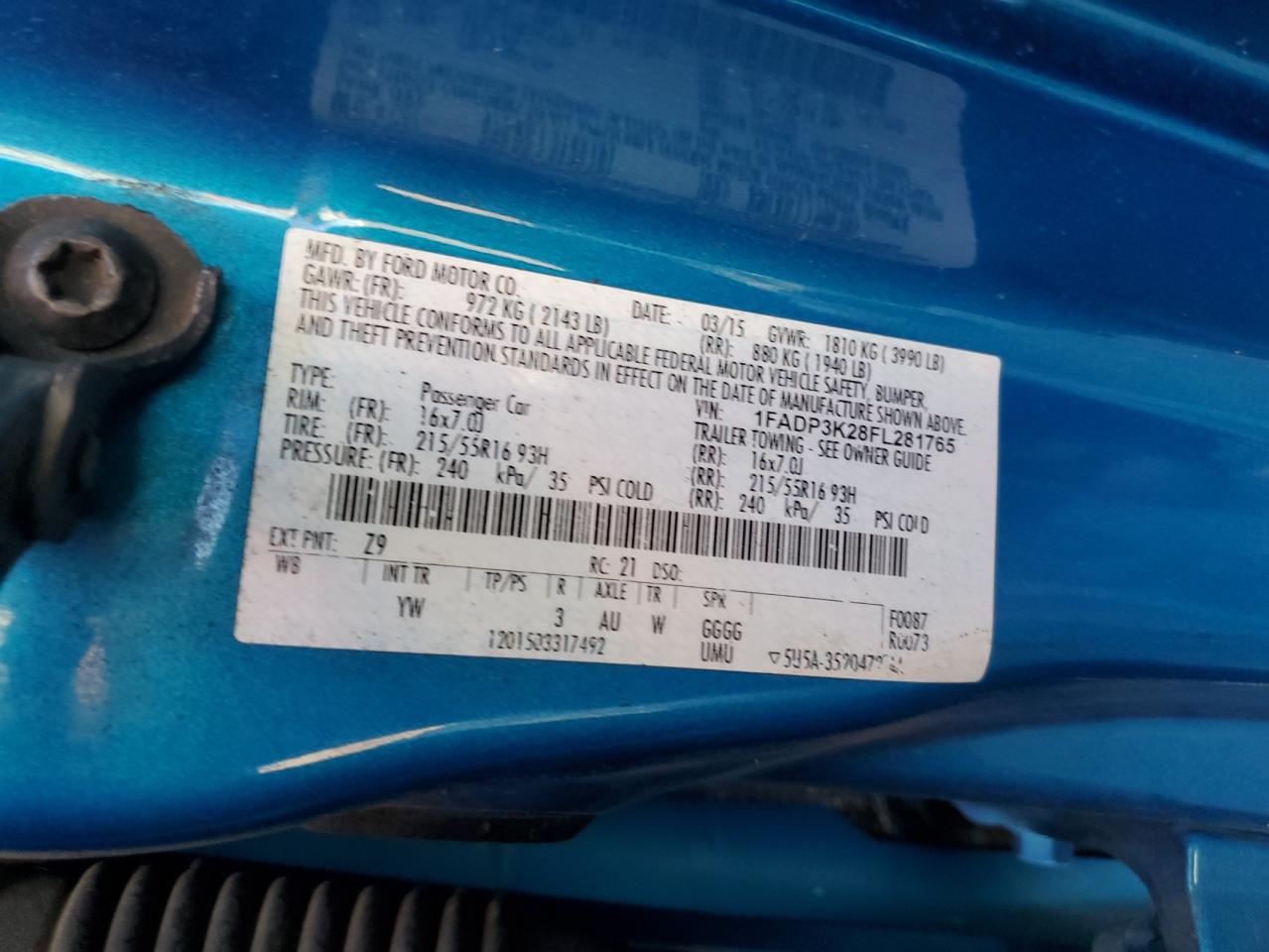 2015 Ford Focus VIN 1FADP3K28FL281765 Copart auction photo, side damage thumbnail 14