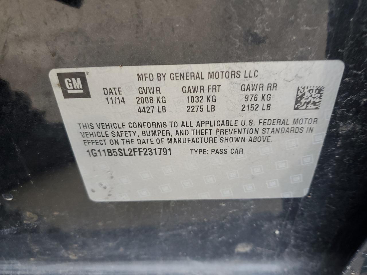2015 Chevrolet Malibu VIN 1G11B5SL2FF231791 Copart auction photo, side damage thumbnail 12